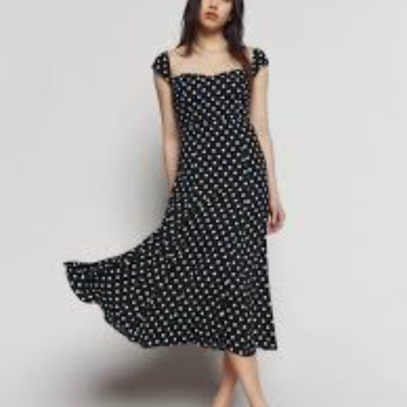 Reformation Black and White Polka Dot Midi  Bryson Dress - Picture 1 of 9